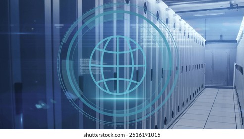 Image of globe icon and digital data processing over computer servers. Global cyber security, connections, computing and data processing concept digitally generated image.