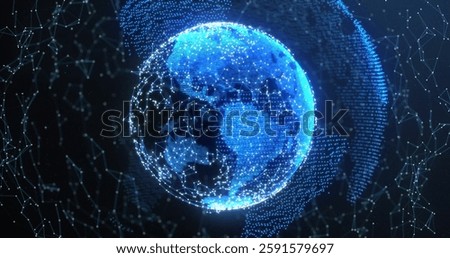 Image of globe with network of connections on black background. Global connections, computing and digital interface concept digitally generated image.