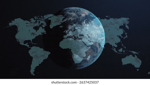 Image of globe over world map and data processing. Global technology, business and digital interface concept digitally generated image.