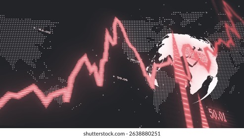 Image of globe and world map with graph and arrows on black background. Global business, finances and digital interface concept digitally generated image.