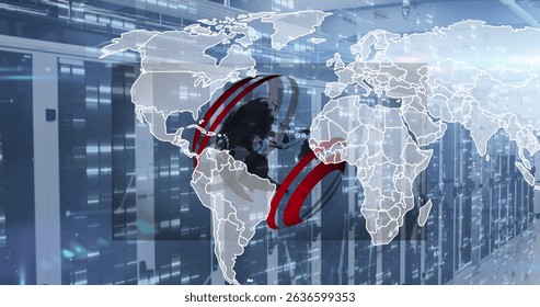 Image of globe and world map over server room. Global network, data processing, and technology concept digitally generated image. - Powered by Shutterstock - Get 15% off with code: PIKWIZARD15