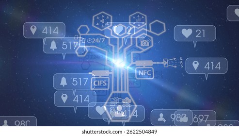 Image of glowing light with network of social media icons and numbers. global social media, connections and data processing concept digitally generated image.