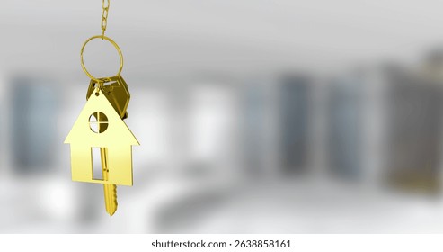 Image of golden house keys hanging against blurred background with copy space. Relocation and real estate concept