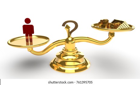 Image Of Golden Scales, With The Man And The Gold Chalices, The Idea Of Judgment And Evaluation, A Balanced Approach To Case Prioritisation And The Definition Of Values 3D Rendering On White Backgrou