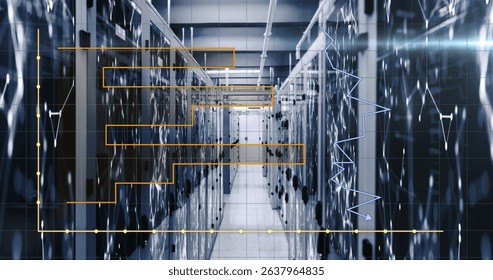 Image of graphs and connections over servers. Global network, connections, communication, data processing, finance and technology concept digitally generated image.