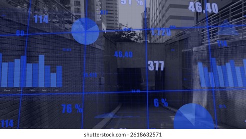 Image of graphs and data over cityscpae. global finance and economy concept digitally generated image.