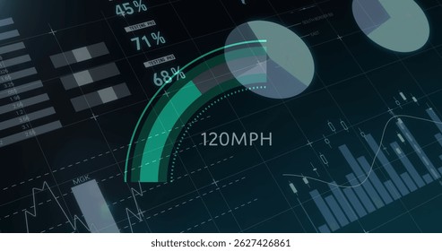 Image of graphs and diverse data over speedometer and black background. automotive, car, speed and technology concept digitally generated image.