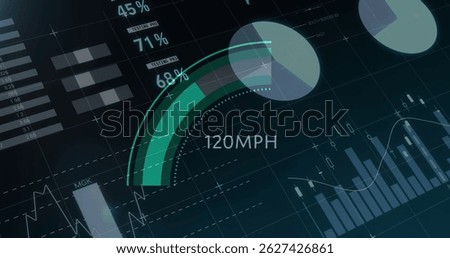 Image of graphs and diverse data over speedometer and black background. automotive, car, speed and technology concept digitally generated image.
