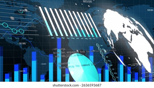 Image of graphs and financial data over world map and digital screen. Global business, finance, economy, network and technology concept digitally generated image.