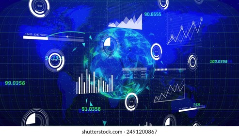 Image of graphs, loading circles and bars with connected dots globe over blue map. Digitally generated, hologram, illustration, report, communication, business, progress and globalization concept.