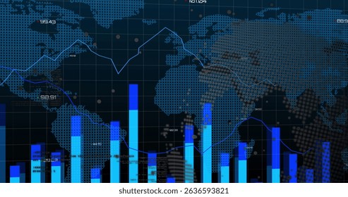 Image of graphs, world map and financial data over black digital space. Global business, finance, economy, network and technology concept digitally generated image.