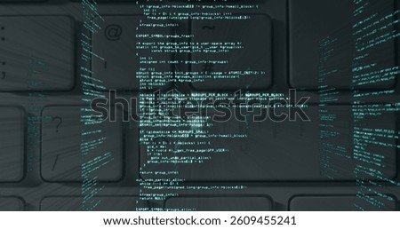 Image of green data processing over computer keyboard on grey background. global technology, networking and digital interface concept digitally generated image.