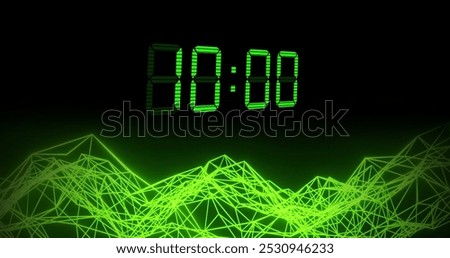 Image of green digital clock timer changing over networks of connections on black background. Time, timer, digital interface and data processing concept digitally generated image.