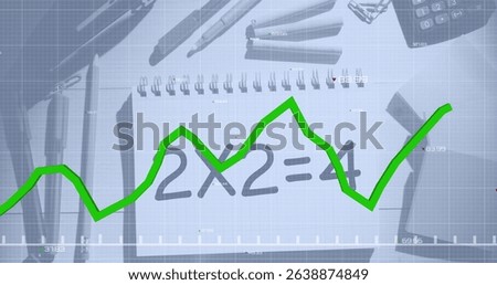 Image of green graph over notepad with mathematics equation and stationery on table. Digital composite, multiple exposure, finance, investment, education, database, learning, school supplies.