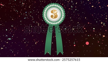 Image of green and white rosette with number 3 and falling confetti on black background. Third place, competition, award, success, achievement and celebration, digitally generated image.
