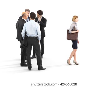 Image of a group of businessmen standing with a businesswoman walking in front. Leading the way, diversity or harassment concept. Photo realistic 3d rendering - Powered by Shutterstock