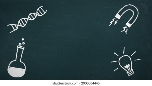 Image Of Hand Drawn White DNA Strand And Chemistry Science School Subject Icons Moving On Chalkboard Background. Education And Schooling Concept Digitally Generated Image.