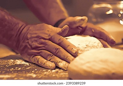 Image of hands kneading a ball of bread dough. Hands doing a job like baking