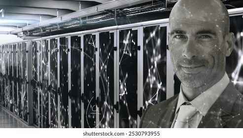 Image of handwritten mathematical equations, data and networks moving over portrait of smiling Caucasian businessman in computer server room. Global business network concept digital composite.