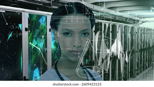Image of handwritten mathematical equations and data over portrait of biracial female doctor in computer server room. Global digital network science and medical digital composite.