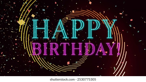 Image of happy birthday text over shapes. Retro future and digital interface concept digitally generated image. - Powered by Shutterstock