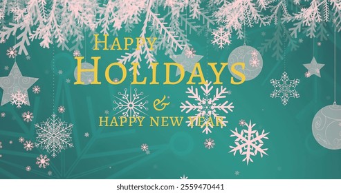 Image of happy holidays and happy new year text banner over snowflakes against blue background. Christmas festivity and new year celebration concept - Powered by Shutterstock