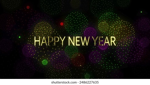 Image of happy new year text over fireworks on black background. New year's eve, celebration and tradition concept digitally generated image. - Powered by Shutterstock