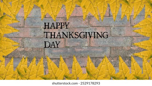 Image of happy thanksgiving day text over bricks with autumn leaves. seasons, autumn, fall, colour and nature concept digitally generated image. - Powered by Shutterstock