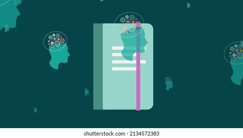 Image Of Head With Cogs Icons Over Notebook. National Administrative Assistant Day And Celebration Concept Digitally Generated Image.