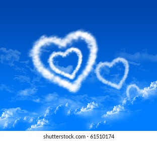 The image of the heart in the blue sky of clouds.