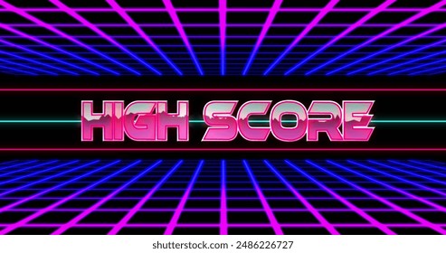 Image of high score text between lines with grid pattern against black background. Digitally generated, hologram, illustration, image game, arcade, record, illuminated and technology concept.