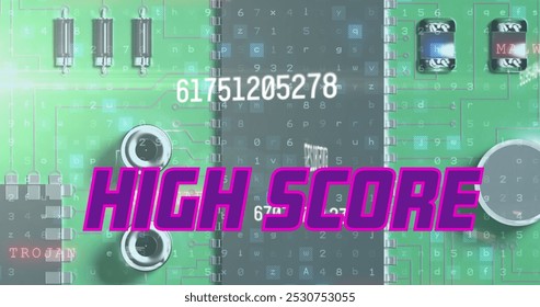 Image of high score text over data processing and computer circuit board. global social media, computing and digital interface concept digitally generated image.