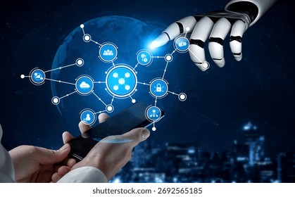 The image highlights the interaction between a human hand with a smartphone and a robotic hand, symbolizing the blend of technology and humanity in a digital network environment. Tessel