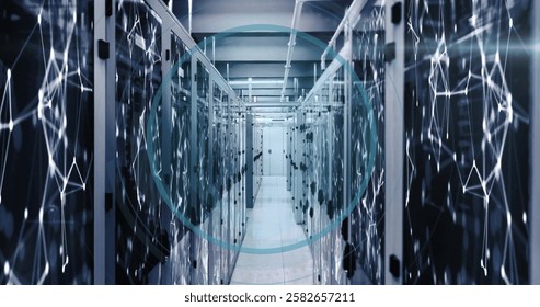 Image of high-tech data center with futuristic digital network connections and server racks. technology, networking, cybersecurity, infrastructure, innovation, connectivity - Powered by Shutterstock - Get 15% off with code: PIKWIZARD15