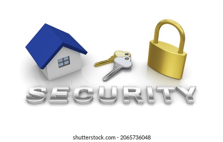 Image of home security. Key, padlock, house icon.3D illustration.