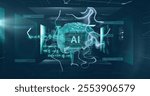 Image of human brain, ai text and mathematical data processing. Global artificial intelligence, science, connections, computing and data processing concept digitally generated image.