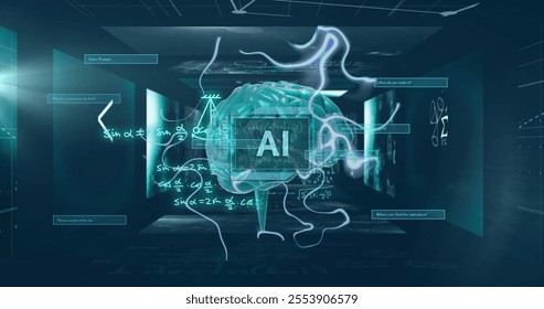 Image of human brain, ai text and mathematical data processing. Global artificial intelligence, science, connections, computing and data processing concept digitally generated image.