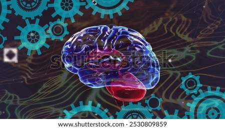 Image of human brain, cogs and data processing and network of connections. Global artificial intelligence, connections, computing and data processing concept digitally generated image.