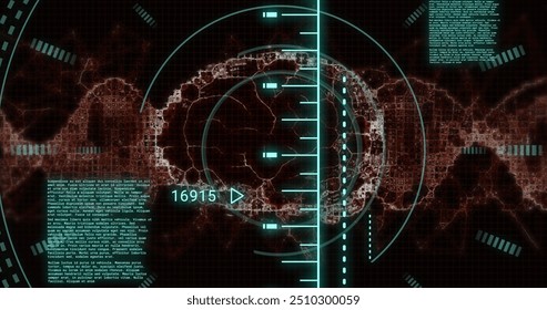 Image of human brain and digital data processing over black background. Global science, connections, computing and data processing concept digitally generated image.