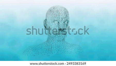 Image of human head formed with binary coding spinning over blue background. science and research concept digitally generated image.
