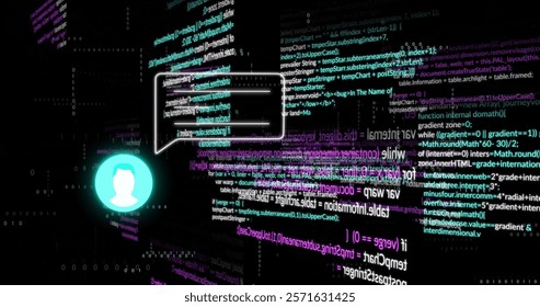 Image of icon and speech bublle and data processing over dark background. Global finance, business, connections, computing and data processing concept digitally generated image.