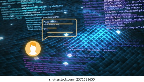Image of icon and speech bublle and data processing over dark background. Global finance, business, connections, computing and data processing concept digitally generated image.