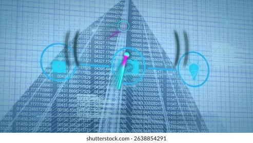 Image of icons and data processing over building and marker. Global business and digital interface concept digitally generated image.