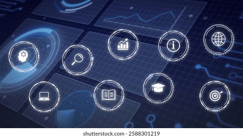 Image of icons over data processing on black background. Global technology, computing and digital interface concept digitally generated image.