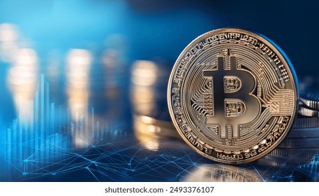 The image illustrates the intersection of finance and cryptocurrency. A golden Bitcoin stands prominently in the foreground, symbolizing the rise of digital currency. - Powered by Shutterstock