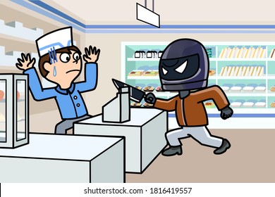 It Is An Image Illustration Of A Convenience Store Robbery.