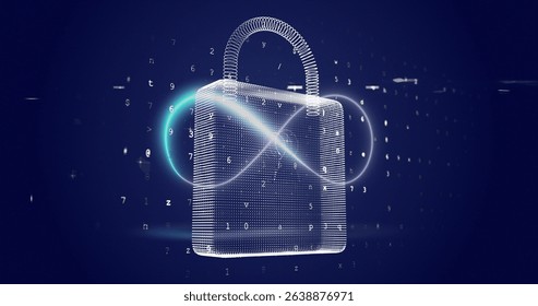 Image of infinity over digital padlock and numbers in navy space. Global network, data safety and technology concept digitally generated image.
