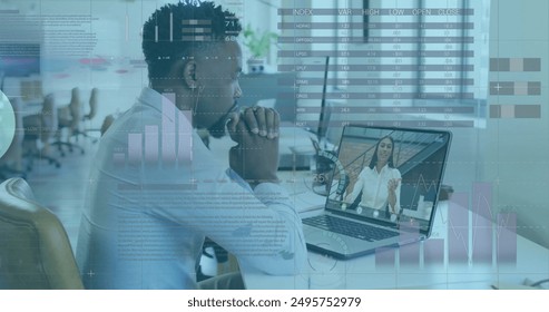 Image of infographic interface, diverse coworkers discussing reports over image call on laptop. Digital composite, multiple exposure, report, business, teamwork, global and technology concept. - Powered by Shutterstock