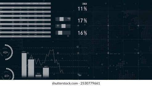Image of infographic interface over rotating globe against black background. Digitally generated, hologram, illustration, globalization, report, progress, growth and business concept.