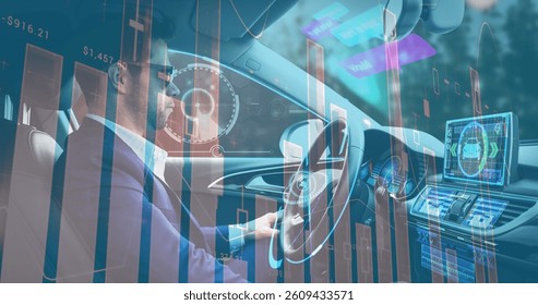 Image of information displays with man using self driving car. communication technology digital interface concept, digitally generated image.